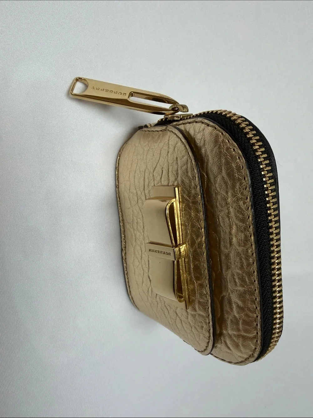 Burberry Metallic Gold Textured Mini Bow-Accent Pouch
